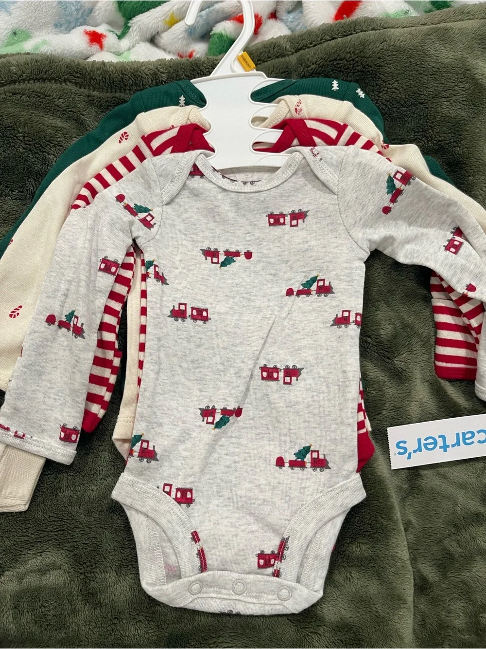 Carter's Gray Long-Sleeve Baby One-Piece with Red Train Print